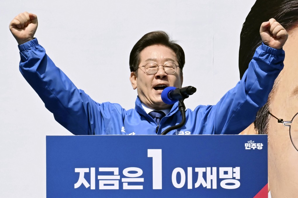 Lee Jae-myung, the presidential candidate for South Korea’s Democratic Party, speaks during an election campaign rally in Seoul on Monday. Photo: Kyodo