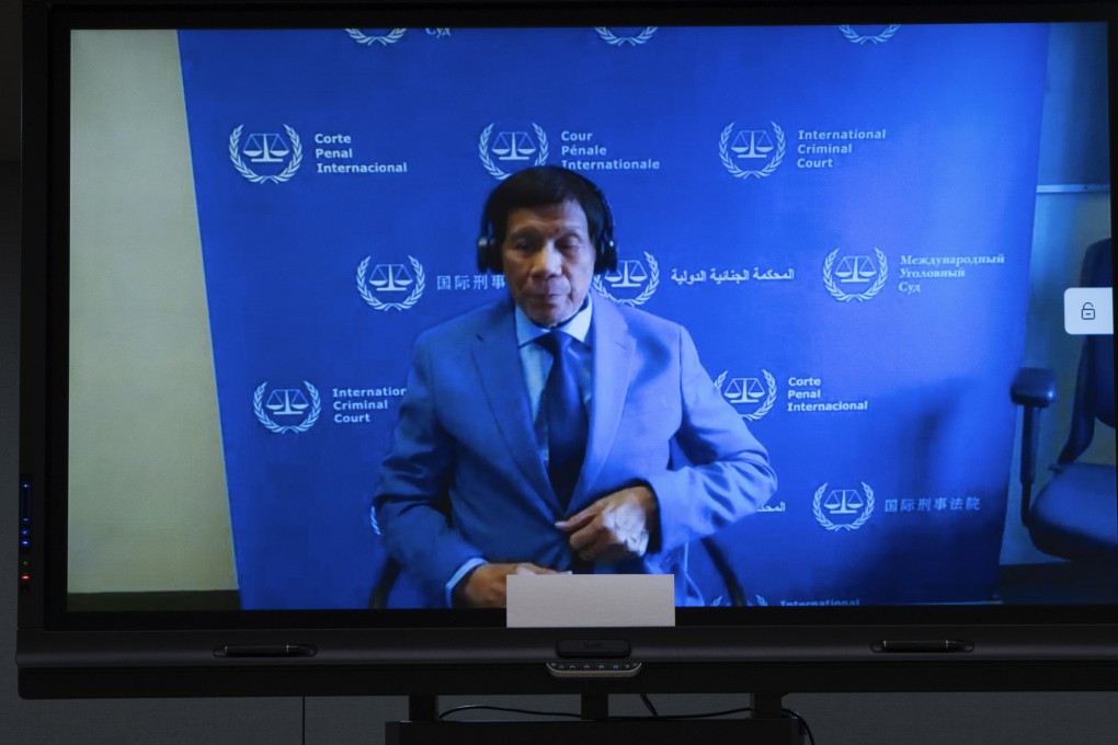 Former Philippine president Rodrigo Duterte is seen on a screen in a courtroom of the International Criminal Court in The Hague, the Netherlands, on March 14. Photo: AP