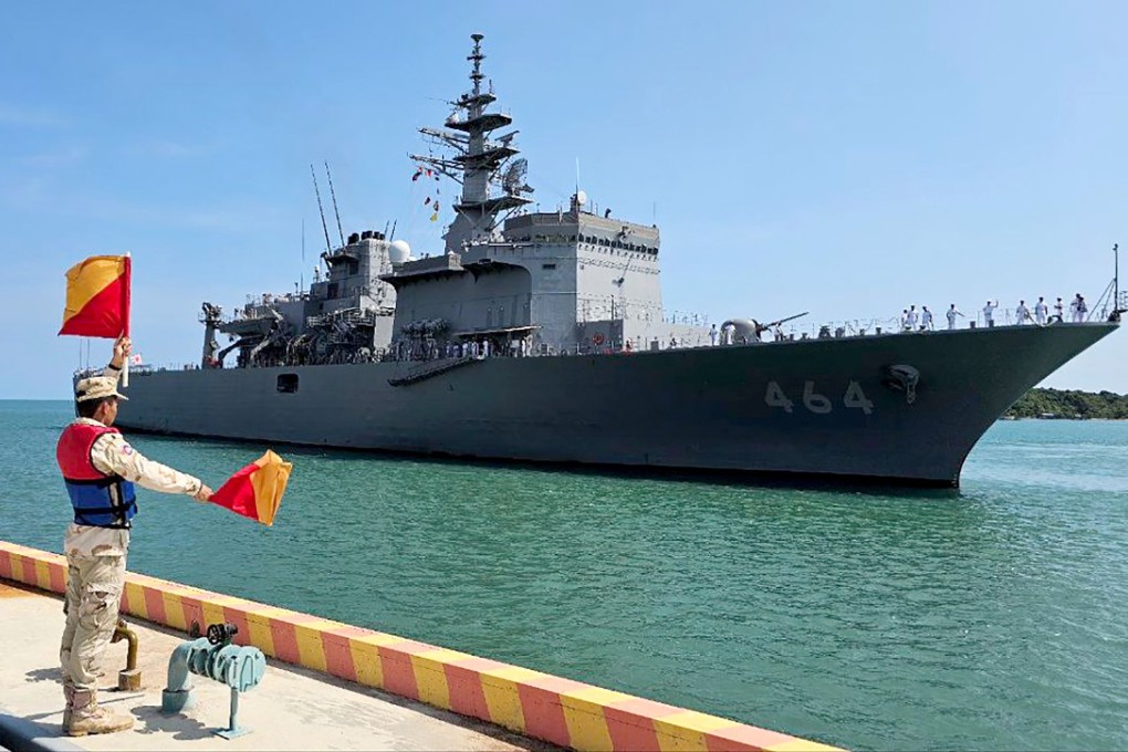 The Japanese warship Bungo docks at Ream Naval Base in Preah Sihanouk province, Cambodia, on April 19. Photo: EPA-EFE/ Ream Naval Base Handout