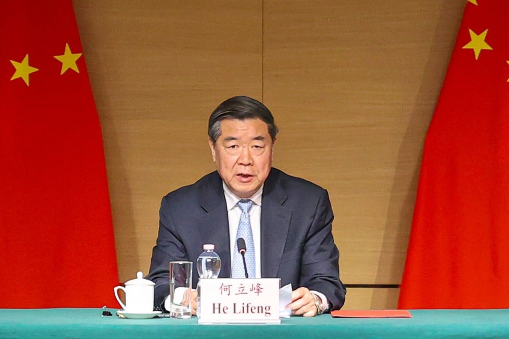 Vice-Premier He Lifeng speaks at a press briefing on Sunday following a high-level meeting with US representatives on economic and trade affairs in Geneva, Switzerland. Photo: Xinhua