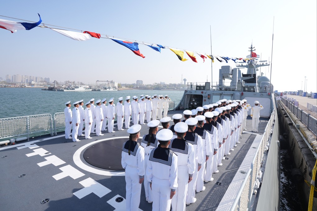 Chinese soldiers take part in a flag-raising ceremony in the port city of Qinhuangdao, Hebei province, to mark the 76th anniversary of the People’s Liberation Army on April 23, 2025. Photo: Xinhua