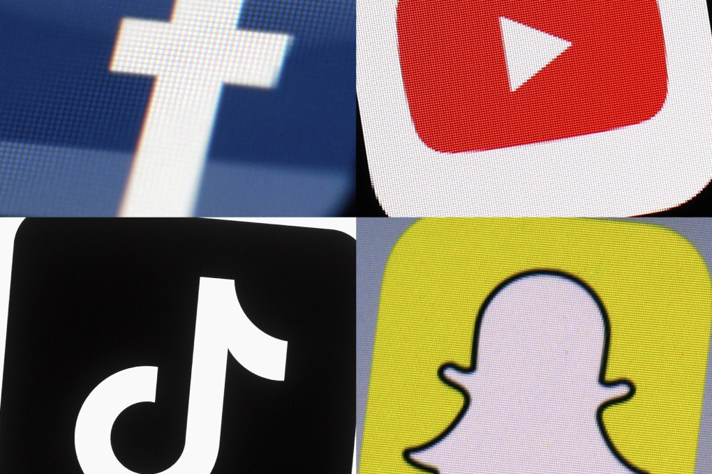 A combination of photos shows the logos of Facebook, YouTube, TikTok and Snapchat on mobile devices. Photo: AP