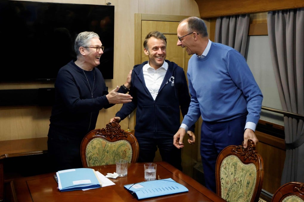 Britain’s Prime Minister Keir Starmer, France’s President Emmanuel Macron, and German Chancellor Friedrich Merz on board a train to Kyiv. Photo: AFP