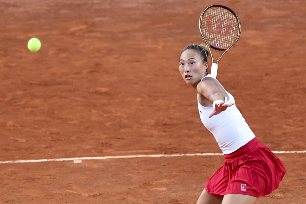 Zheng Qinwen returns a shot against Bianca Andreescu of Canada at the Italian Open in Rome on Monday. Photo: Xinhua