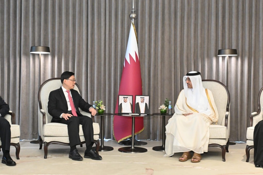 Hong Kong leader John Lee (left) with Qatari Minister of Labour Ali bin Saeed bin Samikh Al Marri on May 12. Photo: Handout