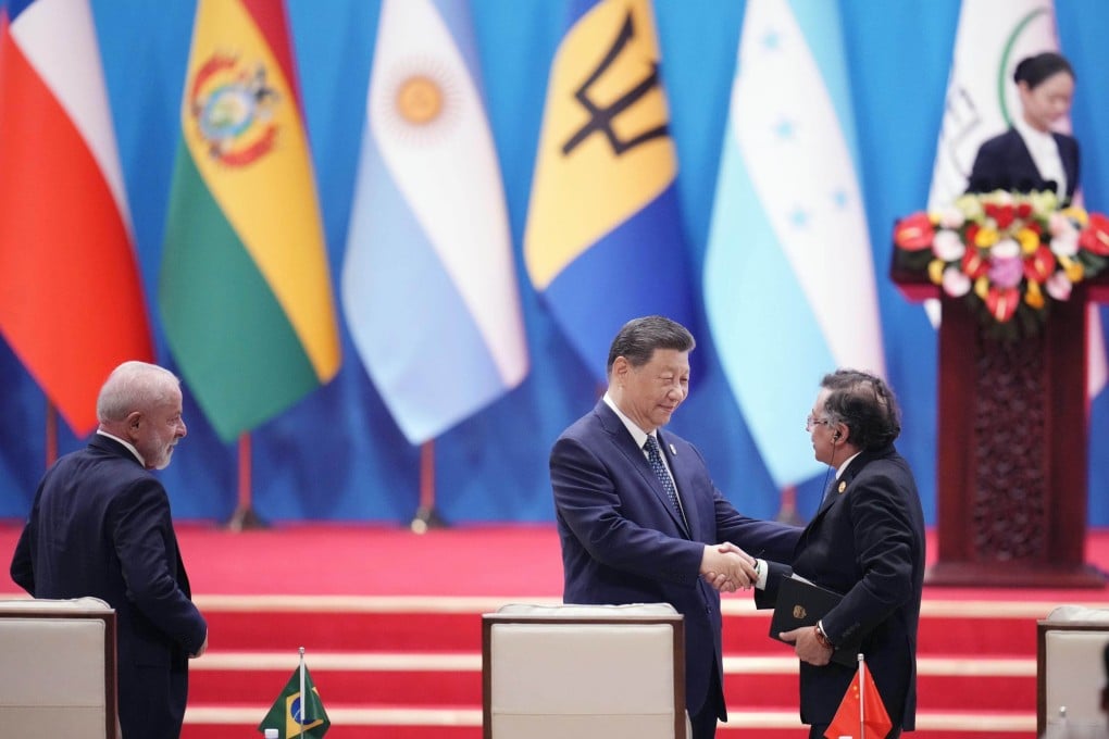 Chinese President Xi Jinping shakes hands with his Colombian counterpart Gustavo Petro at the opening ceremony of the China-Celac Forum. Photo: Kyodo