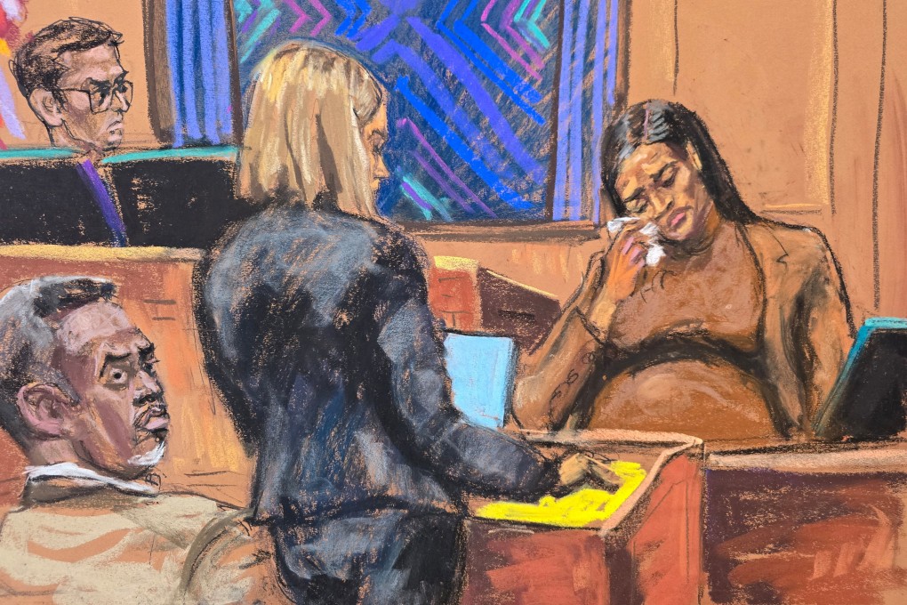 Sean “Diddy” Combs watches as his former girlfriend Casandra “Cassie” Ventura reacts during testimony at his sex trafficking trial in New York on Tuesday. Courtroom sketch: Jane Rosenberg via Reuters