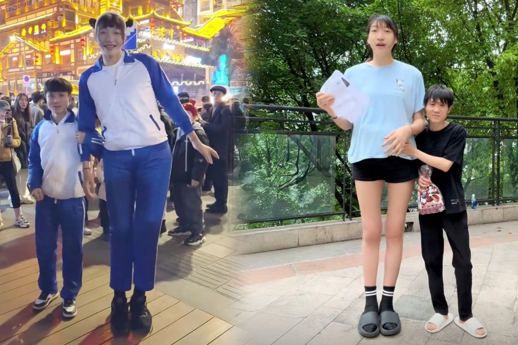 A 1.68-metre-tall man in China is set to marry his pregnant 2.2-metre-tall girlfriend later this year despite his family’s objection to their mismatched heights. Photo: SCMP composite/Douyin