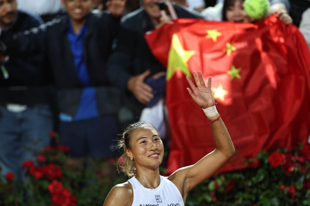 Zheng Qinwen celebrates after earning her first-ever victory over Aryna Sabalenka during their Italian Open quarter-final. Photo: Xinhua