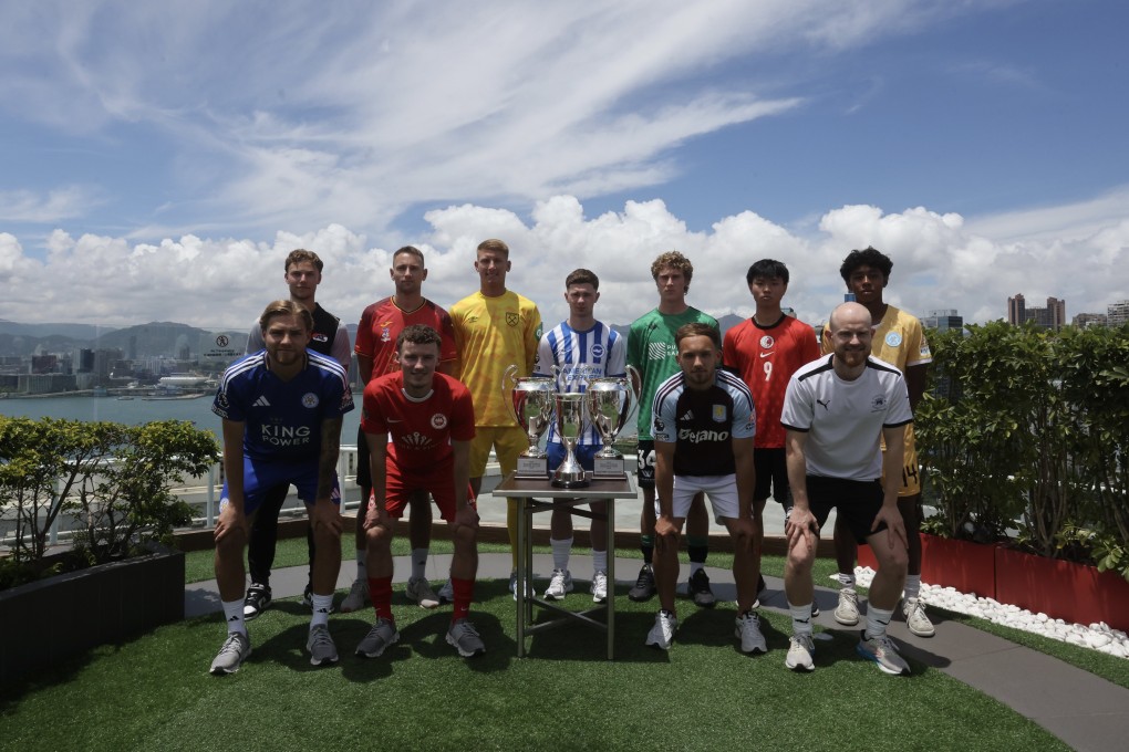 The captains of the men’s teams taking part in the HKFC Soccer Sevens pose next to the trophy ahead of the start of the tournament. Photo: Jonathan Wong