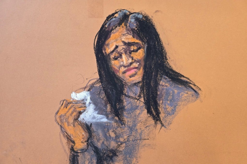 Casandra Ventura reacts at the end of direct testimony during Sean “Diddy” Combs’ sex trafficking trial in New York on Wednesday. Courtroom sketch: Jane Rosenberg via Reuters
