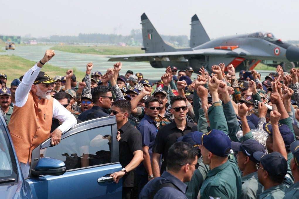 Indian Prime Minister Narendra Modi (left) visiting Adampur air force base in Punjab on Tuesday. Photo: India’s Press Information Bureau via Reuters