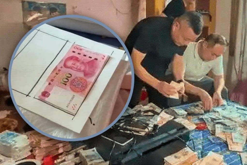 A husband and wife in China have been arrested for printing counterfeit banknotes and passing them off to traders at local markets. Photo: SCMP composite/Sohu/CCTV