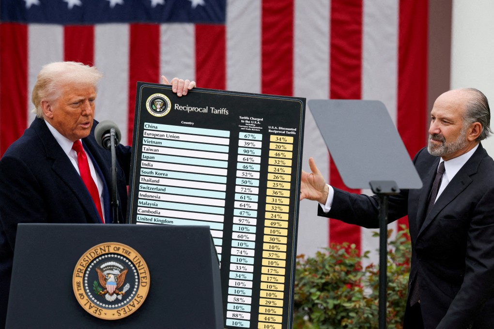 US President Donald Trump (left) holds a chart of new tariff rates next to US Secretary of Commerce Howard Lutnick in the Rose Garden at the White House in Washington on April 2. Photo: Reuters