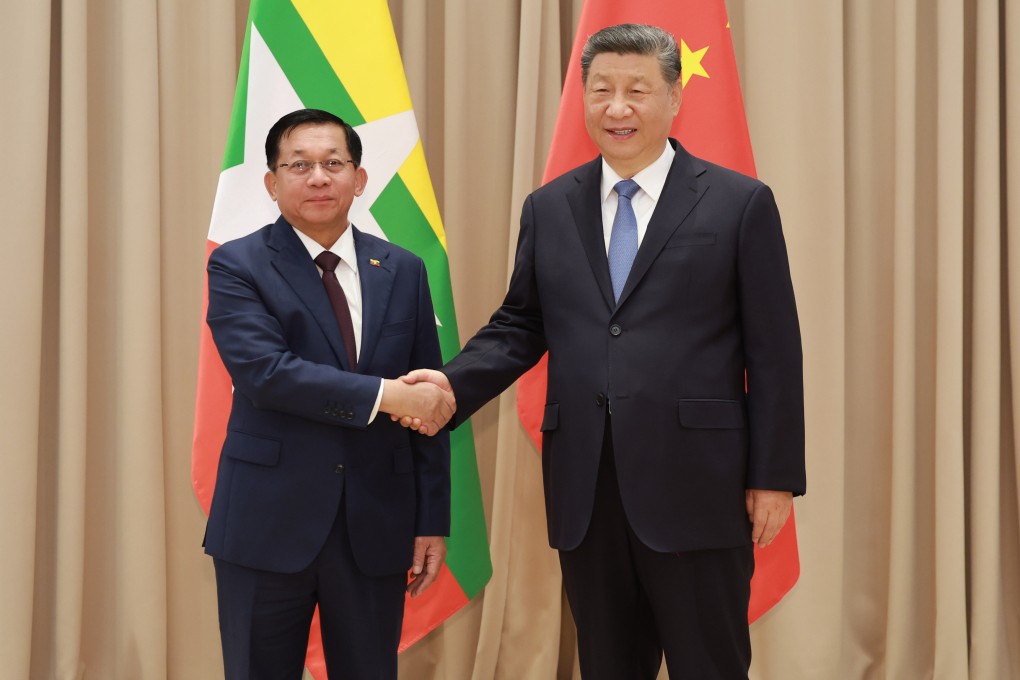 Chinese President Xi Jinping meets Myanmar leader Min Aung Hlaing on the sidelines of Russia’s Victory Day celebrations in Moscow on May 9. Photo: Xinhua