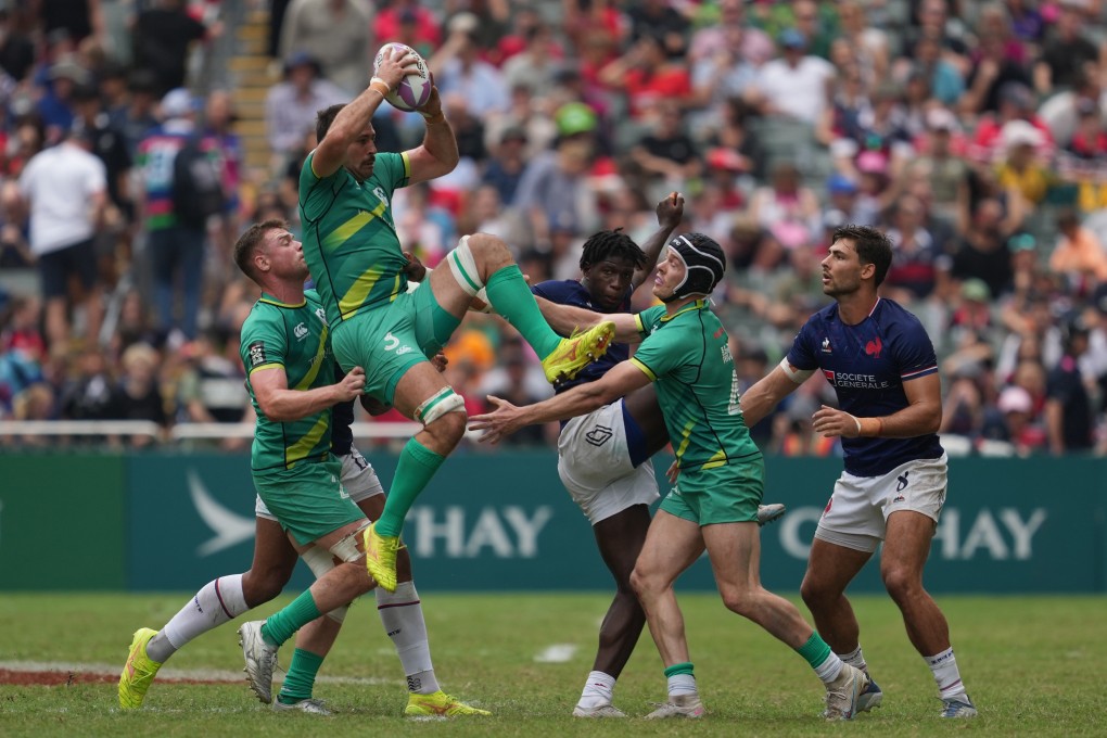 Ireland (in green) against France at the 2024 Hong Kong Sevens at Hong Kong Stadium. Ireland finished second overall in 2023-24 but were relegated in the season that has just ended. Photo: Elson Li