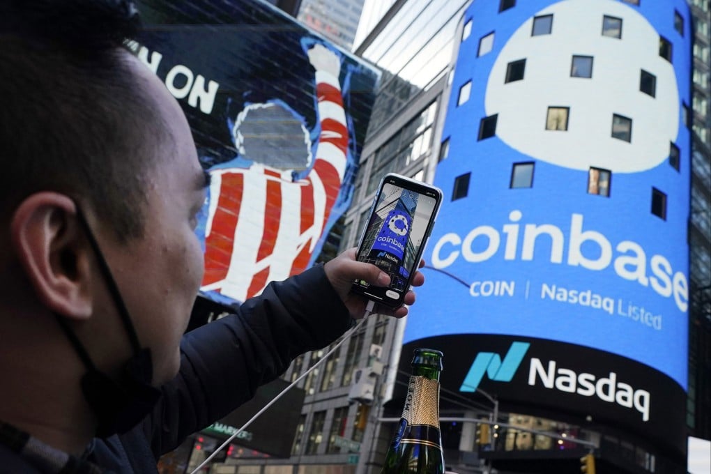 The Coinbase logo seen in New York’s Times Square. Photo: AP Photo