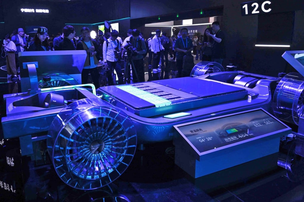 A model of CATL’s second-generation Shenxing Superfast Charging Battery is displayed during CATL Tech Day ahead of the Shanghai Auto Show in Shanghai on April 21. Photo: AFP