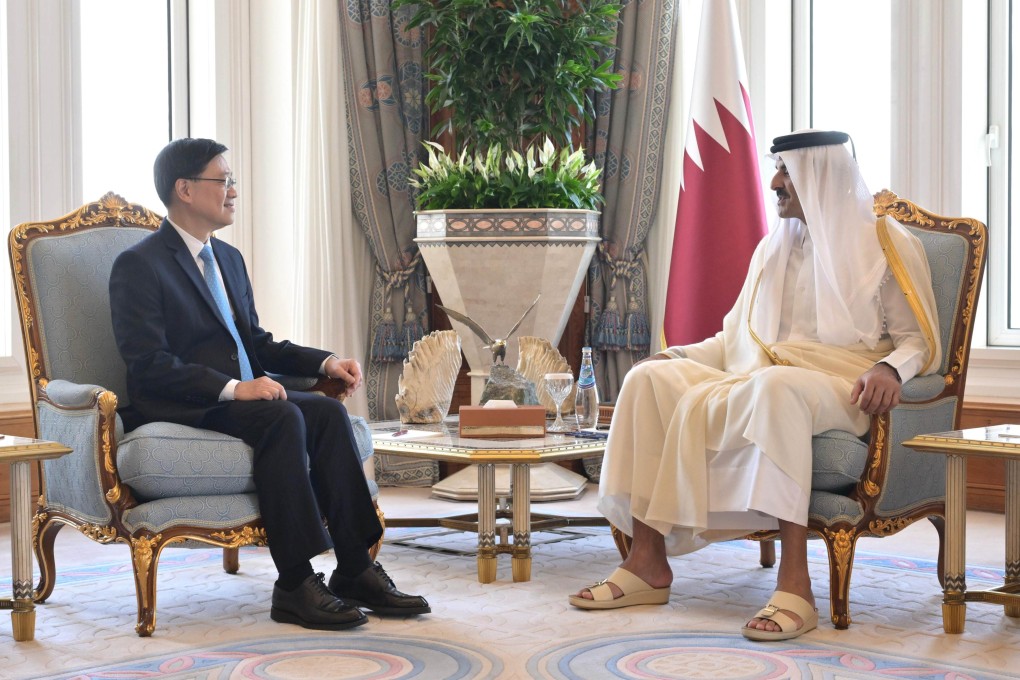 Hong Kong Chief Executive John Lee Ka-chiu (left) meets with the Amir of Qatar Tamim bin Hamad Al Thani on May 11. Photo: Handout