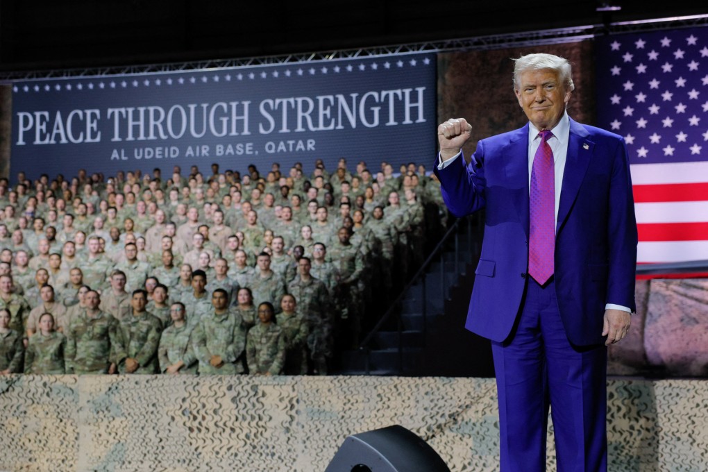 US President Donald Trump gestures while delivering remarks to US troops during a visit to Al Udeid Air Base in Doha, Qatar, on Thursday. Photo: Reuters