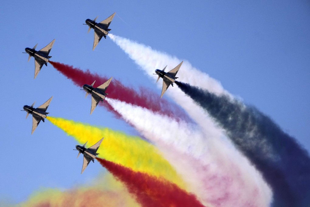 Chinese J-10 fighter jets perform during the first edition of the Egypt International Airshow at al-Alamein airport on September 4. Photo: AP
