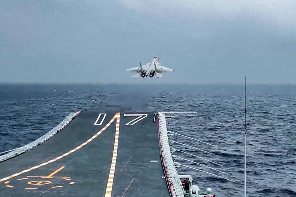 A People’s Liberation Army jet takes off from the Shandong aircraft carrier east of Taiwan on April 2, 2025. Photo: CCTV
