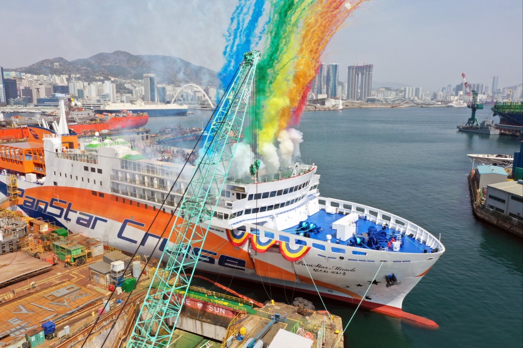 The cruise ship Panstar Miracle is christened at the Daesun Shipbuilding and Engineering shipyard in Busan, South Korea, on April 9. Photo: EPA-EFE