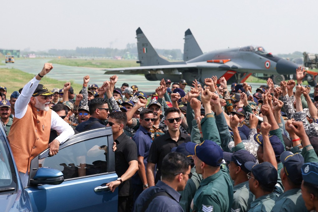 Indian Prime Minister Narendra Modi visits an airforce base in Punjab on Tuesday amid heightened tensions between India and Pakistan. Photo: Reuters