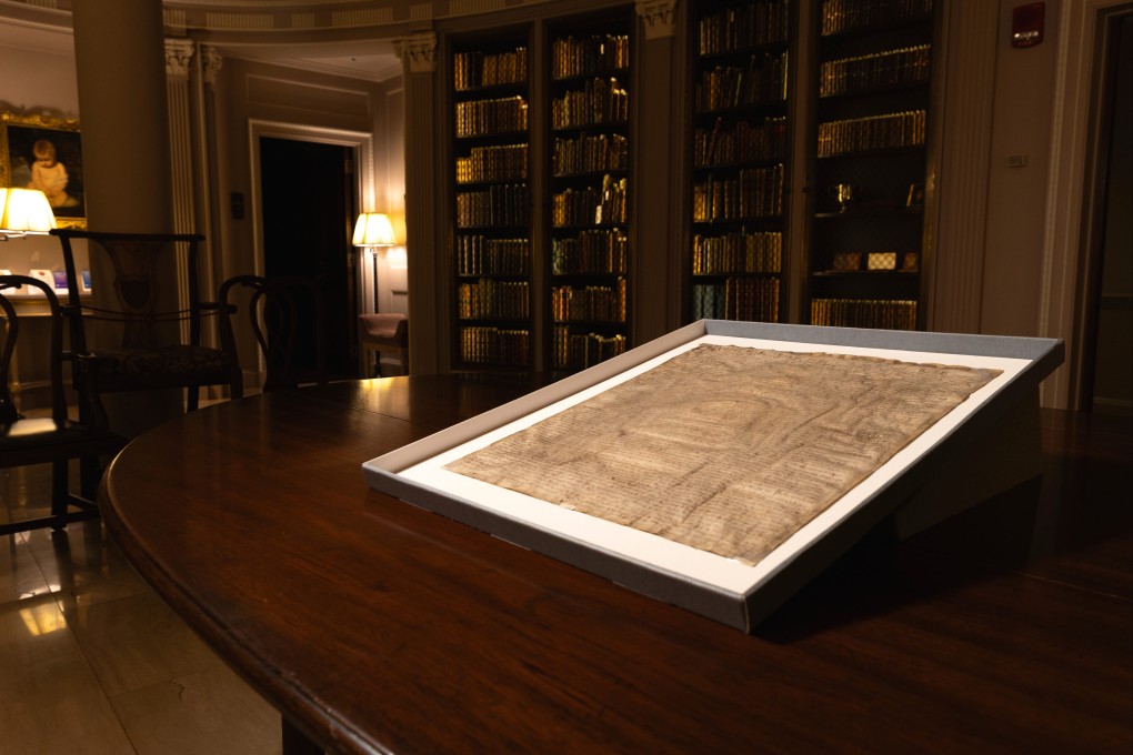 A rare copy of the Magna Carta from 1300 in a display case at Harvard Law School in Cambridge, Massachusetts. Photo: Lorin Granger / Harvard Law School via AP