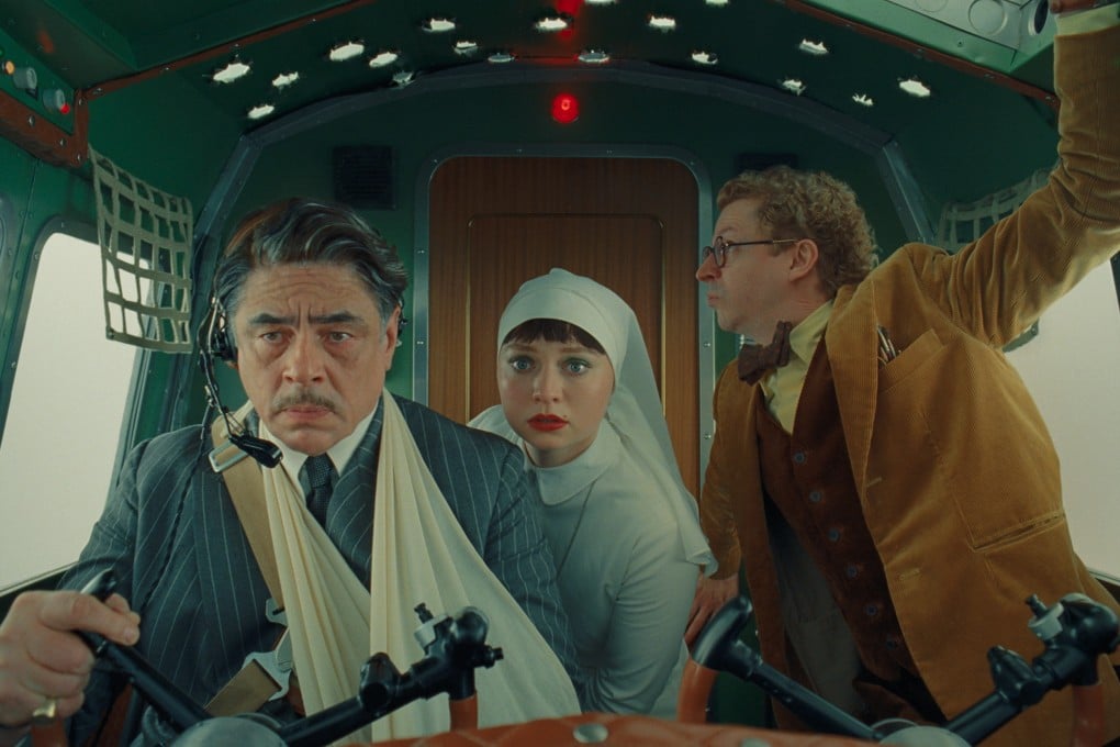 Benicio Del Toro (left) as Zsa-Zsa Korda, Michael Cera as Bjorn and Mia Threapleton as Liesl in a still from The Phoenician Scheme, directed by Wes Anderson. Photo: TPS Productions/Focus Features