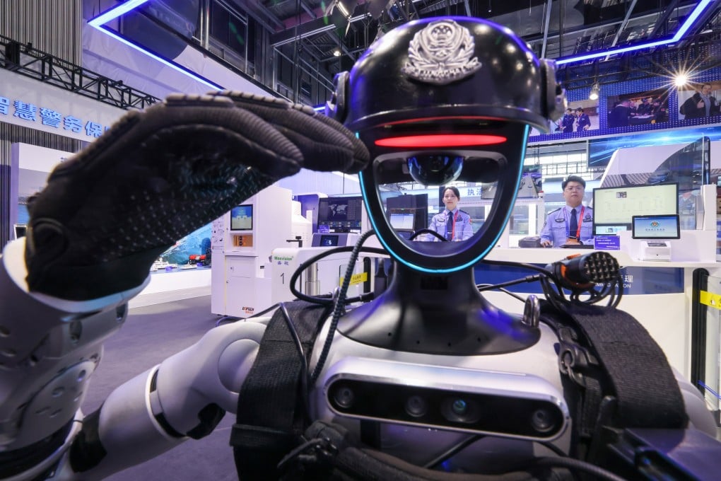 A humanoid police robot salutes during the 12th China International Exhibition on Police Equipment in Beijing, China on Wednesday. Photo: Xinhua