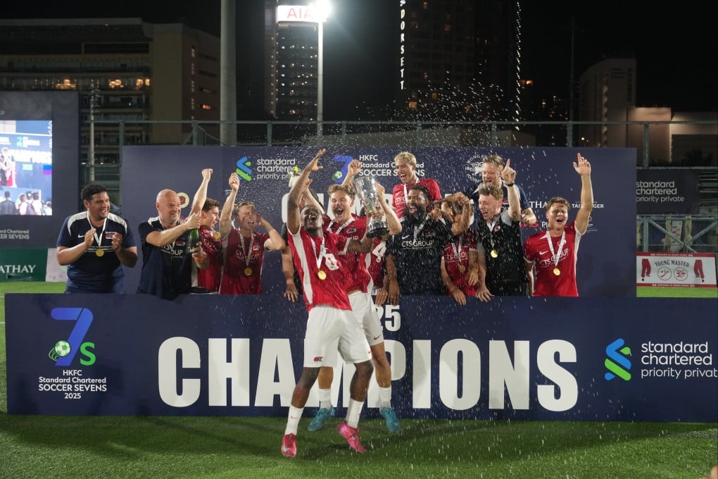AZ Alkmaar’s players celebrate their victory at the Soccer Sevens on Sunday. Photo: Sam Tsang