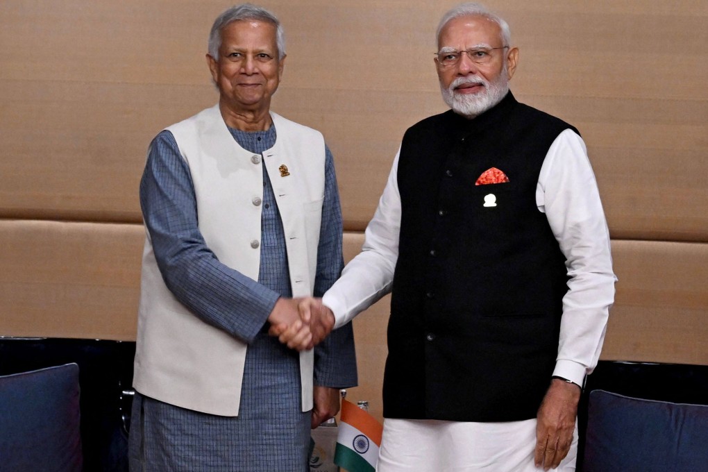 India’s Prime Minister Narendra Modi (right) meets Muhammad Yunus, Bangladesh’s de facto leader and chief adviser to the government, on the sidelines of a summit in Thailand last month. Photo: AFP