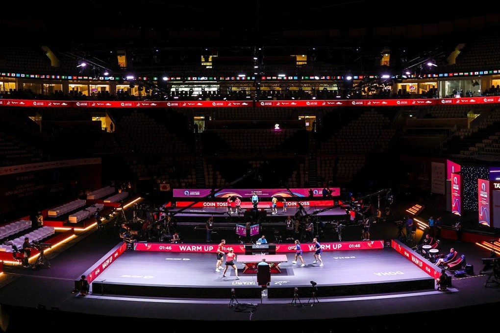There were empty seats aplenty when Simon Gauzy and Prithika Pavade of France beat German pair Patrick Franziska and Annett Kaufmann 3-1 at Lusail Sports Arena on Sunday afternoon. Photo: WTT