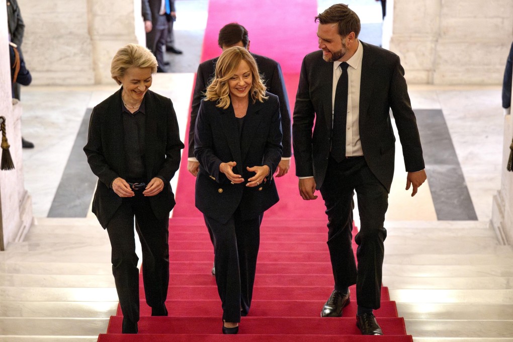 Italy’s Prime Minister Giorgia Meloni (centre) with European Commission President Ursula von der Leyen (left) and US Vice-President J.D. Vance on Sunday. Photo: Chigi Palace Press Office / EPA-EFE