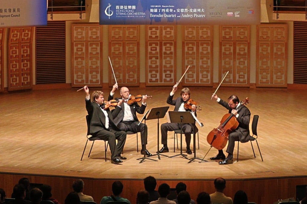 The Borodin Quartet performing at the Hong Kong Cultural Centre Concert Hall on May 16, 2025. From left to right, first violinist Nikolai Sachenko, second violinist Sergei Lomovsky, violist Igor Naidin and cellist Vladimir Balshin (Photo: Hong Kong String Orchestra)