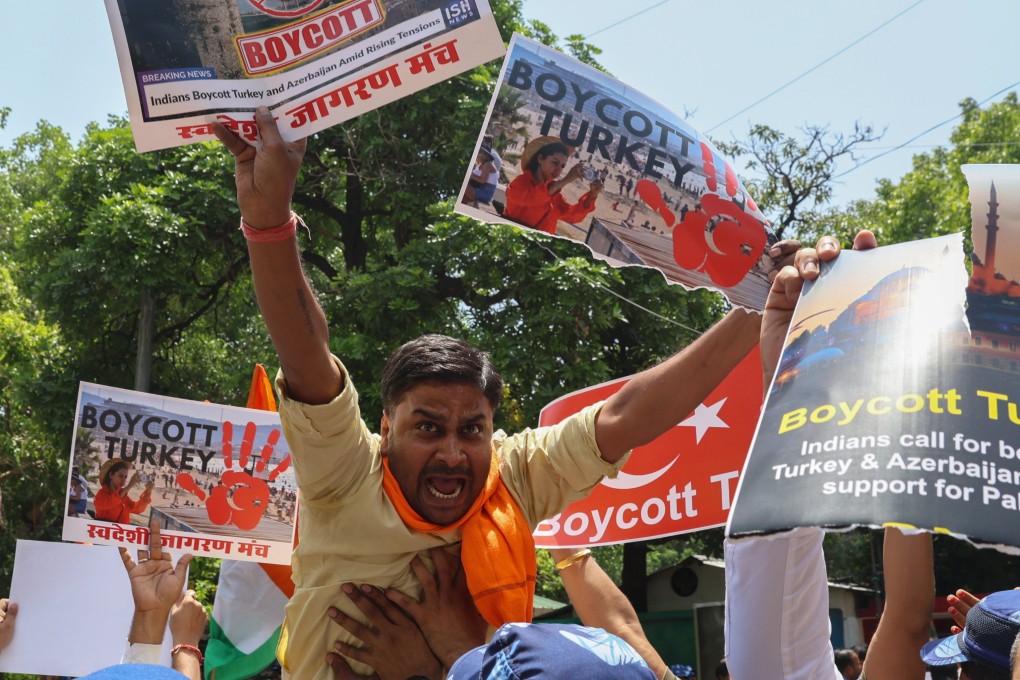 Activists in New Delhi protest against Turkey on Friday, accusing the country of supporting Pakistan in the recent conflict with India. Photo: EPA-EFE