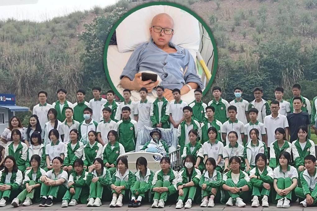 A group of junior secondary school students in China walked two kilometres to visit their gravely ill classmate in hospital and take a group graduation photo with him. Photo: SCMP composite/Douyin