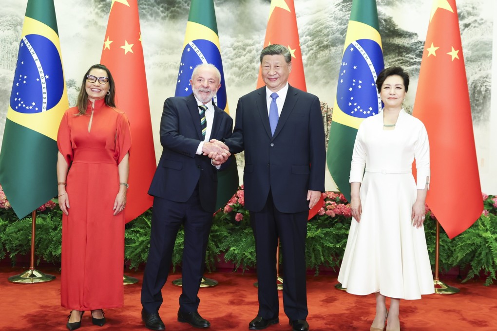 Chinese President Xi Jinping (second from right) and his wife, Peng Liyuan (right), with Brazilian President Luiz Inacio Lula da Silva (second from left) and his wife, Rosangela da Silva (left), in Beijing on Tuesday. Photo: EPA-EFE/Xinhua