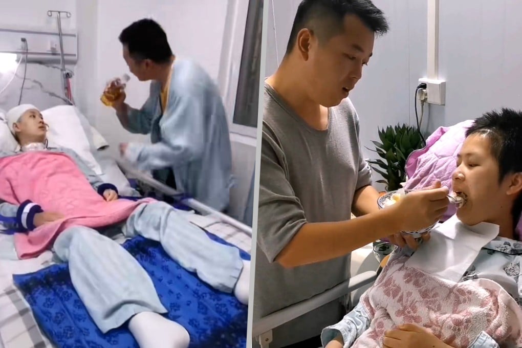 The selfless actions of a Chinese husband who sang and danced for his vegetative wife every day have finally awakened her. Photo: SCMP composite/Douyin