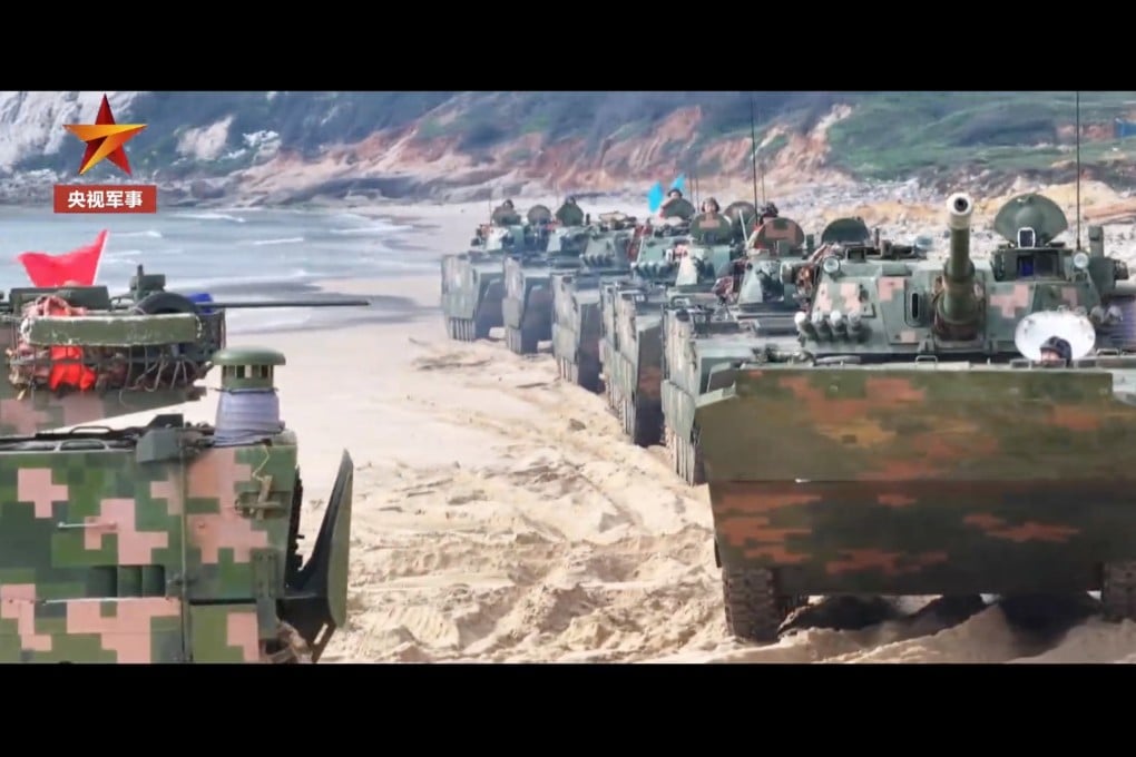 PLA amphibious armoured vehicles on exercise in Fujian province on Tuesday. Photo: CCTV