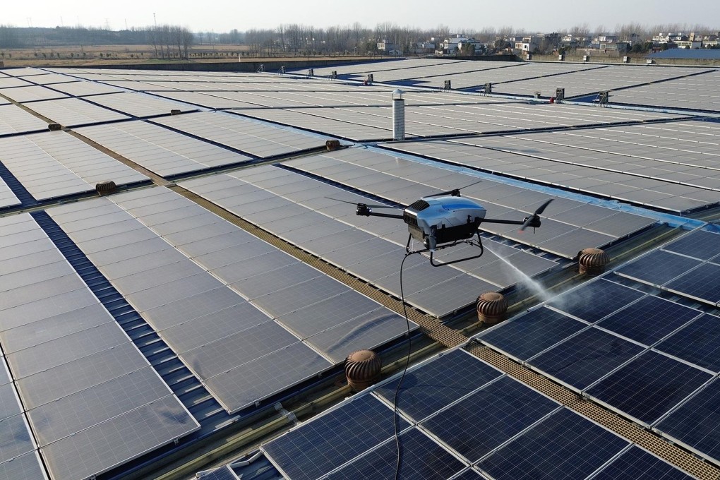 A HiTS drone powered by a hydrogen fuel cell cleans dust off roof-top solar panels. Photo: Handout