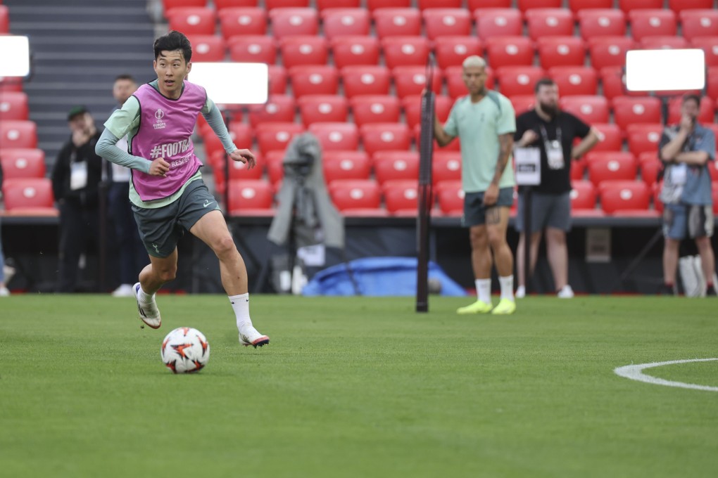 Tottenham Hotspur’s South Korean star Son Heung-min in training at San Mames stadium in Bilbao, venue of the Uefa Europa League final on Wednesday night. Photo: EPA-EFE