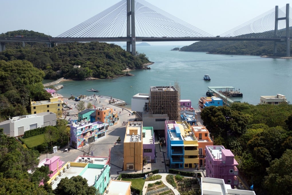 An aerial view of Ma Wan 1868, a colourful tourist attraction that has been dubbed “Little Italy”, and the Kap Shui Mun Bridge on March 19. Photo: Eugene Lee