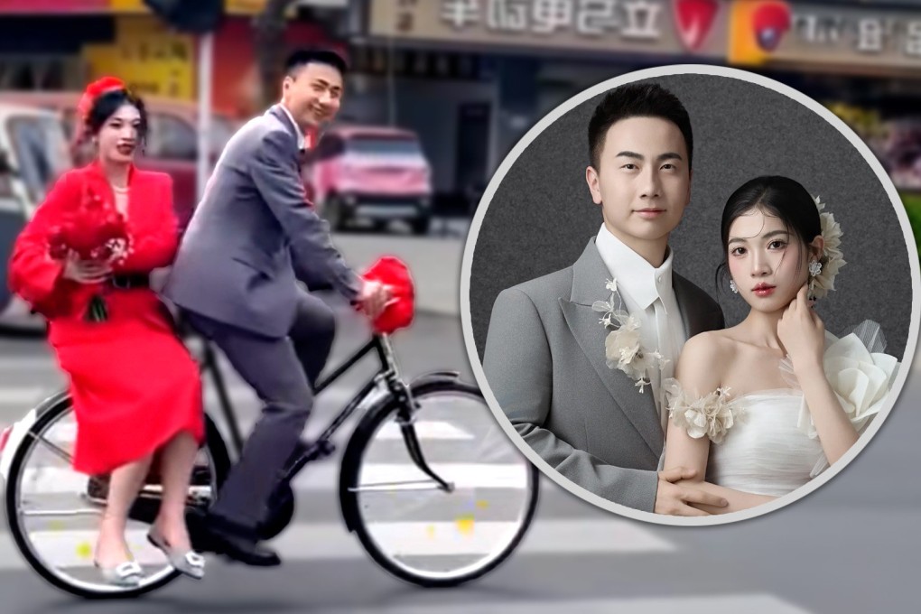 A couple in China chose bicycles instead of a luxury bridal car fleet for their wedding day, delighting millions of people online. Photo: SCMP composite/Douyin