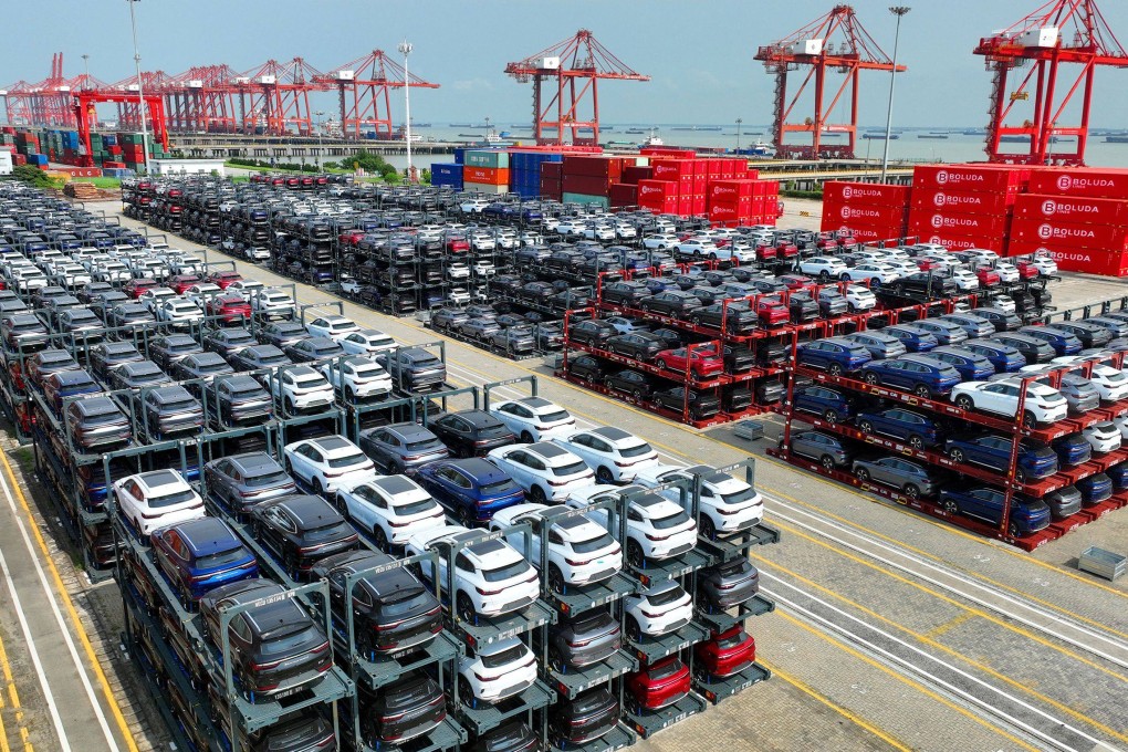 BYD electric cars are stacked ready to be loaded onto a container ship for export in eastern China. Europe’s anti-subsidy case against Chinese-made electric vehicles has become a major issue affecting ties between the two powers. Photo: AFP