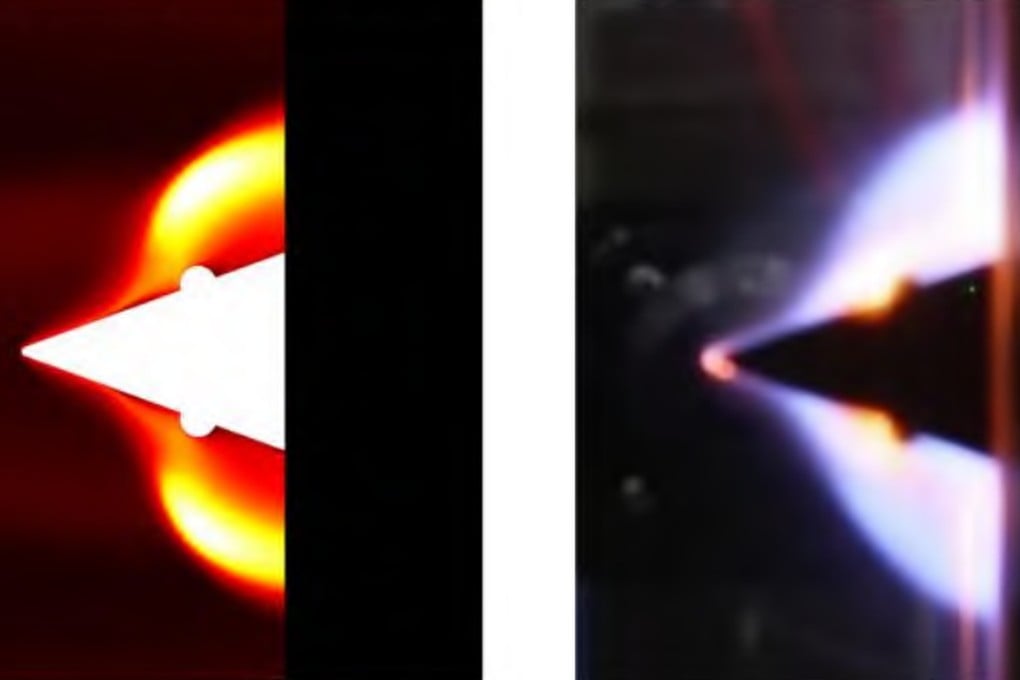 Engine ignition and sustained detonation at Mach 8 by computer simulation (left) and ground test (right). Credit: CALT