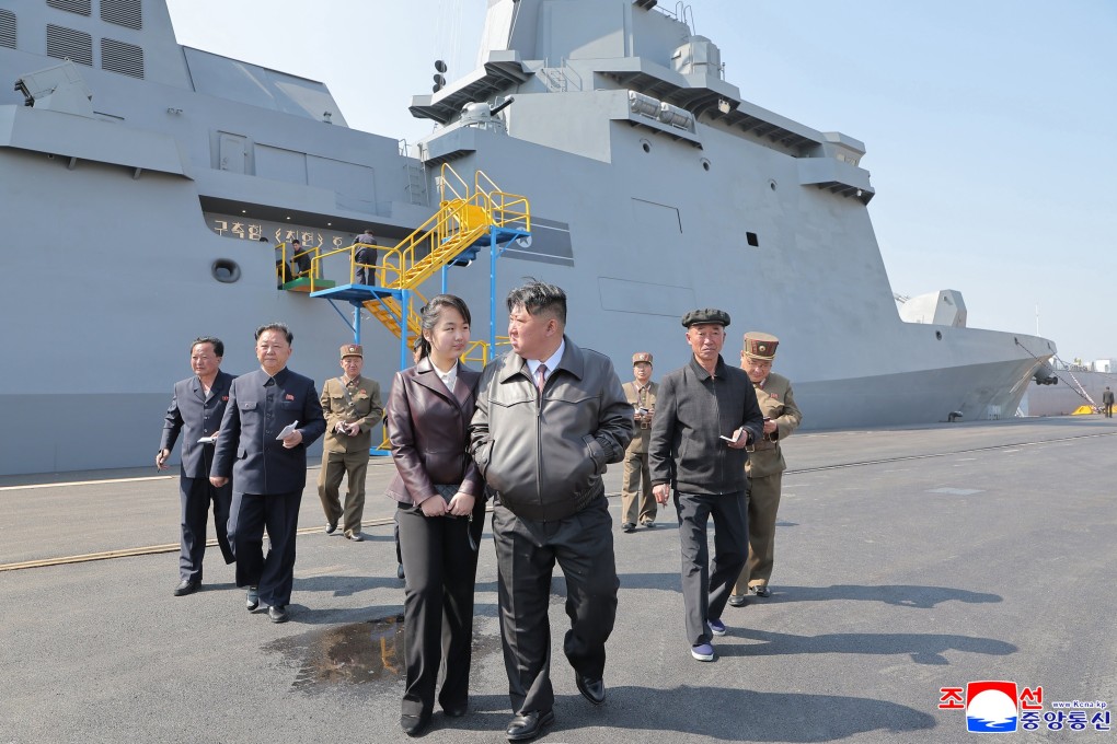 Kim Jong-un visits the Choe Hyon warship at an undisclosed location in North Korea on April 29. Photo: EPA-EFE/KCNA
