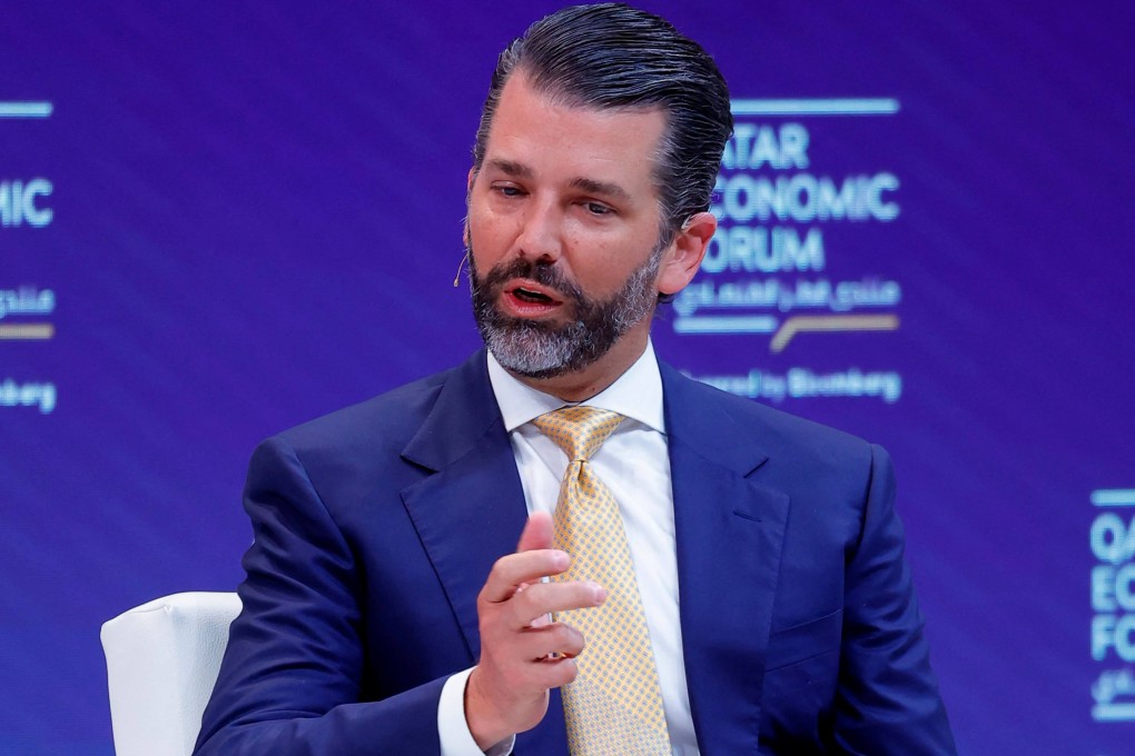 Donald Trump Jnr speaks at the Qatar Economic Forum in Doha on Wednesday. Photo: AFP