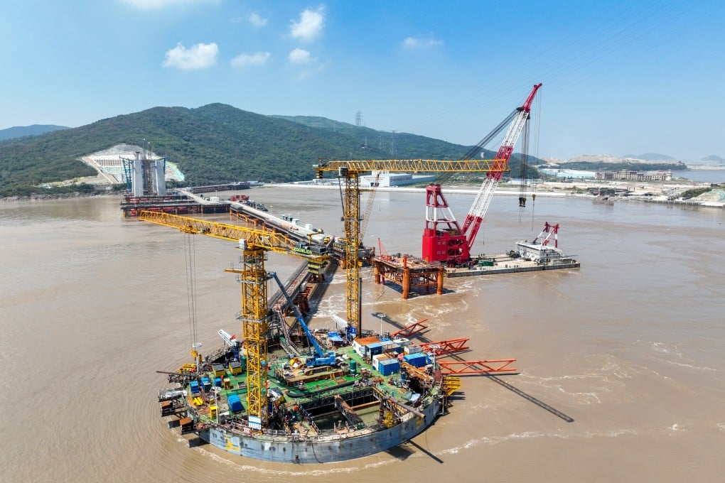 Construction of the Ningbo-Zhoushan Railway Xihoumen Dual purpose Highway and Railway Bridge on the coast of Jintang Island, Zhoushan City, Zhejiang province, Photo: CFOTO/Future Publishing via Getty Images